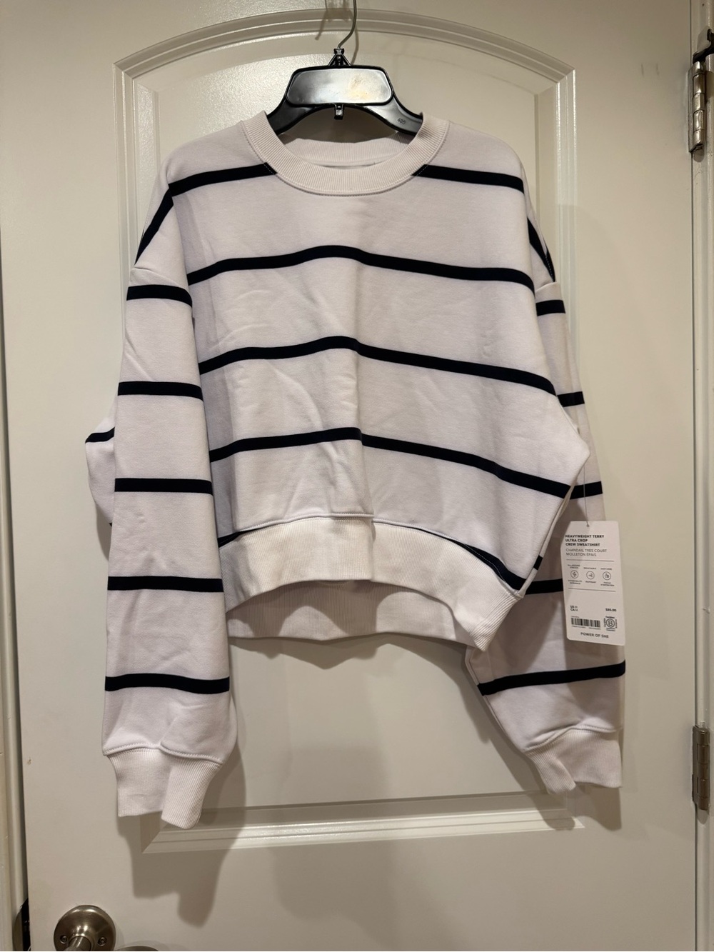 Athleta Cropped White Crewneck Sweatshirt with Navy Stripes
